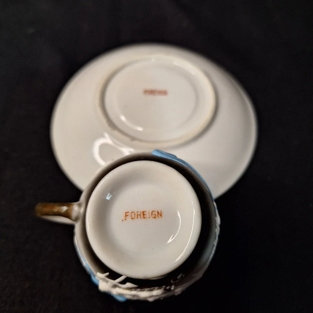 Vintage Moriage Dragonware Demitasse Cup and Saucer Set Grey Black Gold‎